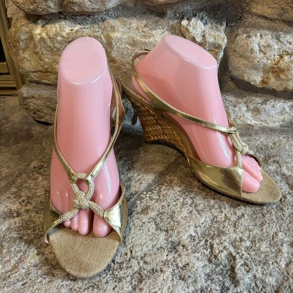 PRADA Vintage Gold Leather Slingback Basket Weave 4" Wedge Heels Sandals 40/9.5 - Picture 2 of 9